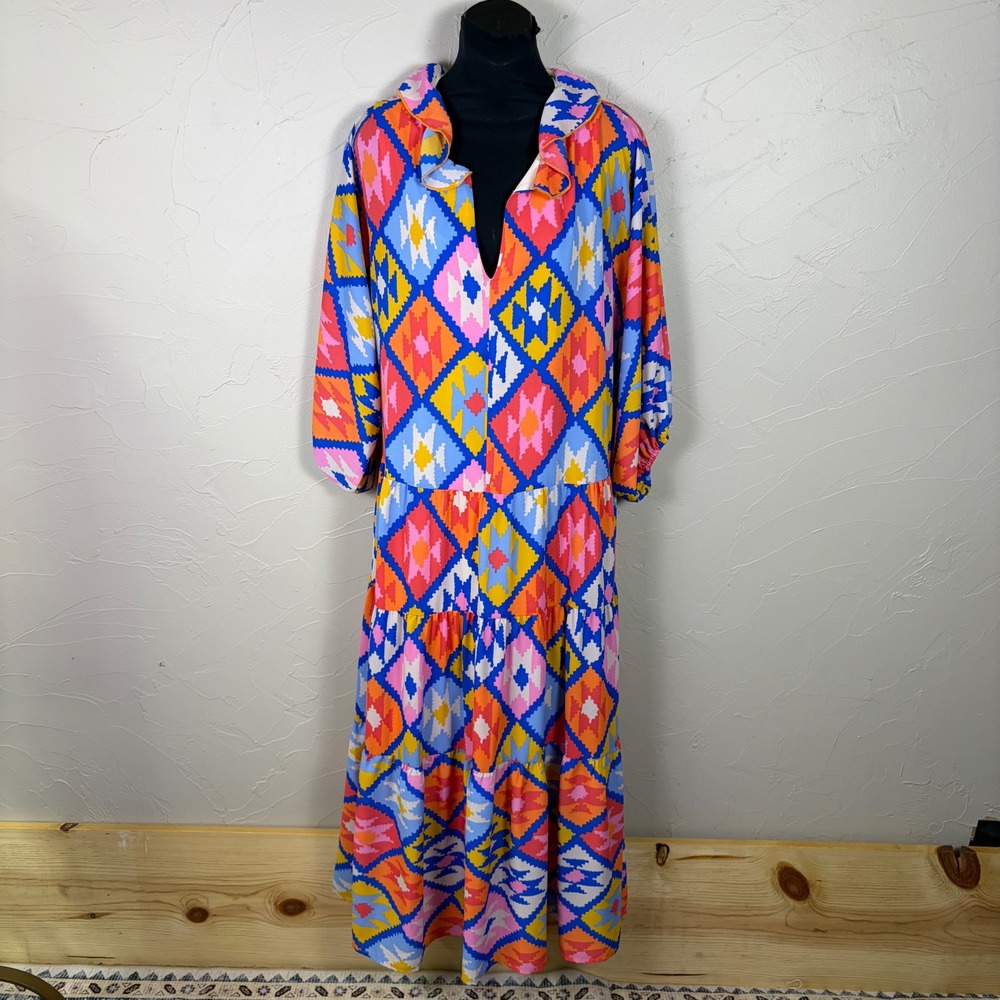 Adrienne Maxi Dress Geometric Print Small Oversized Ruffle Tiered Multicolor‎